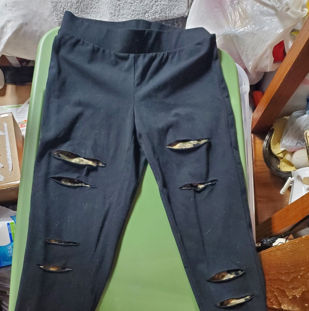 Black Ripped Look Leggings with Camoflage Design in rips Medium